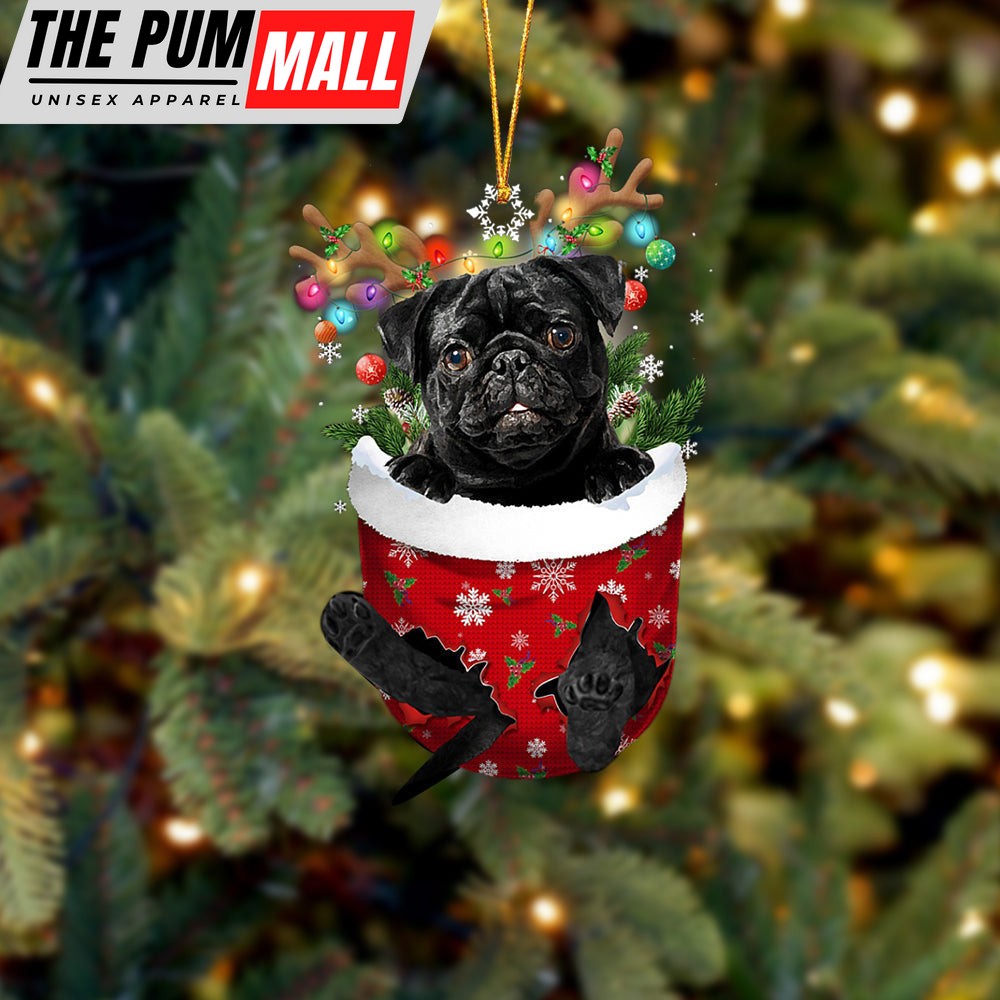 Black Pug In Snow Pocket Christmas Ornament – Two Sided Christmas Plastic Hanging Limited Edition