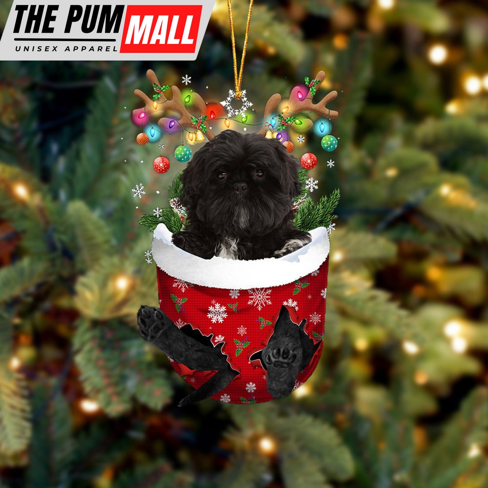 Black Shih Tzu In Snow Pocket Christmas Ornament – Two Sided Christmas Plastic Hanging Limited Edition