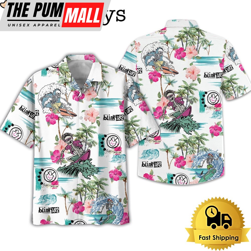 Blink 182 Skeleton Hibiscus Flower Hawaiian Shirt