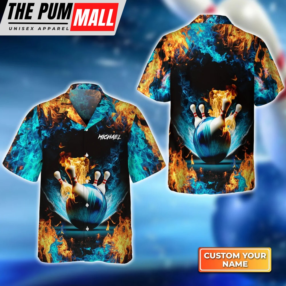Blue Bowling Ball And Pins On Fire Hawaiian Shirt, Bowling Hawaiian Shirt For Bowling Gift Team