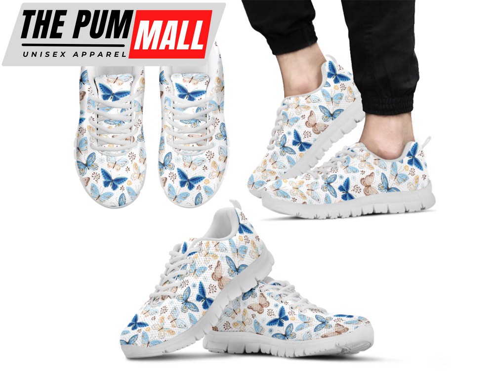 Blue Butterfly Shoes Custom Name Shoes Butterfly Print Running Sneakers For Women Men