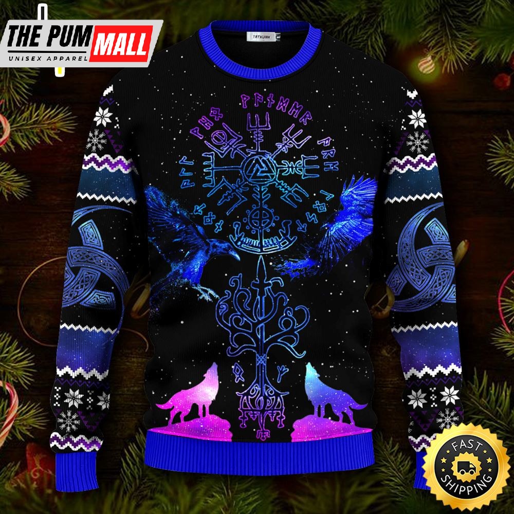 Blue Vegvisir Triple Horn Pattern Wolf Viking Ugly Christmas Skull Sweater Christmas