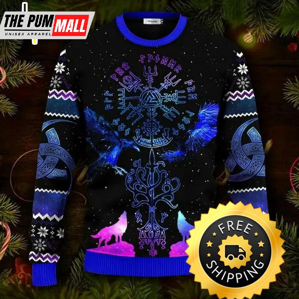 Blue Vegvisir Triple Horn Pattern Wolf Viking Ugly Christmas Sweater, Viking Ugly Sweater