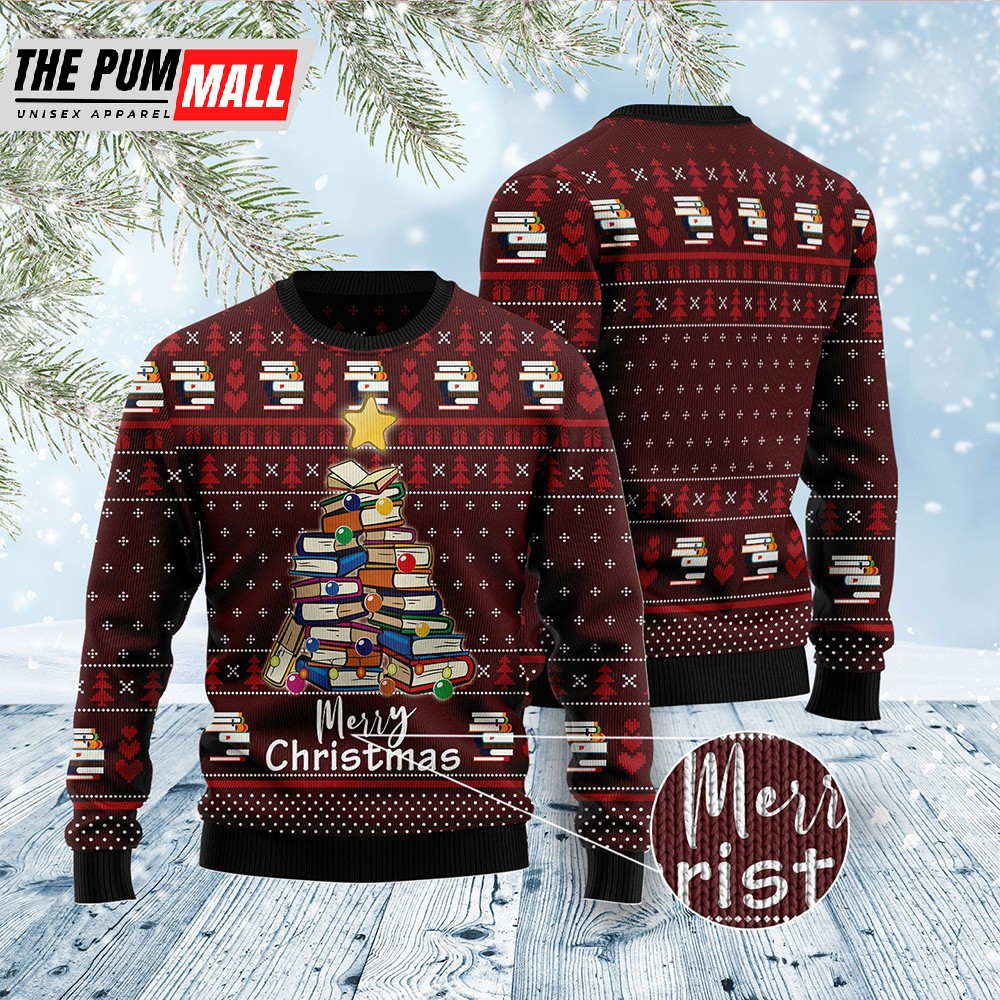 Book Pine Ugly Christmas Sweater Lover Xmas Sweater Gift
