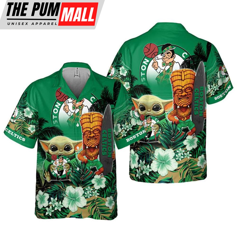 Boston Celtics Hibiscus Baby Yoda Basketball Hawaiian Shirt