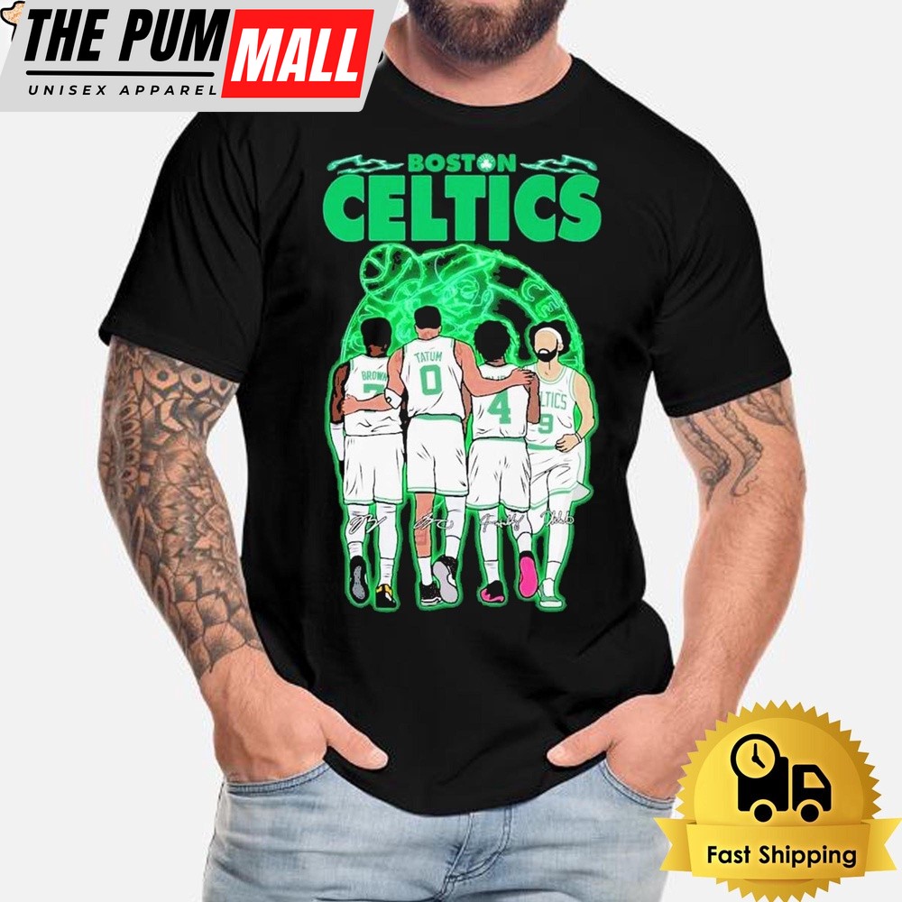 Boston Celtics Jrue Holiday Jayson Tatum Jaylen Brown Derrick White Attack Signatures T-Shirt