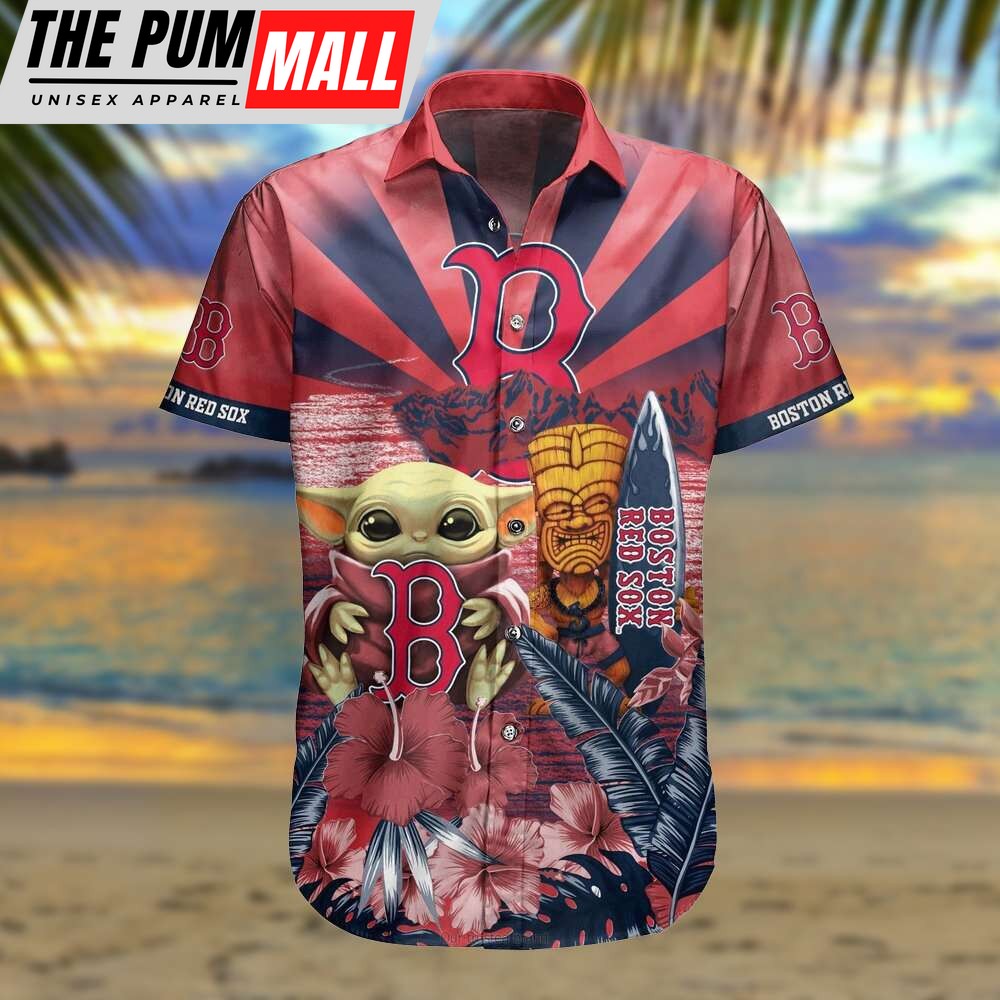 Boston Red Sox Baby Yoda Red Hibiscus Hawaiian Shirt