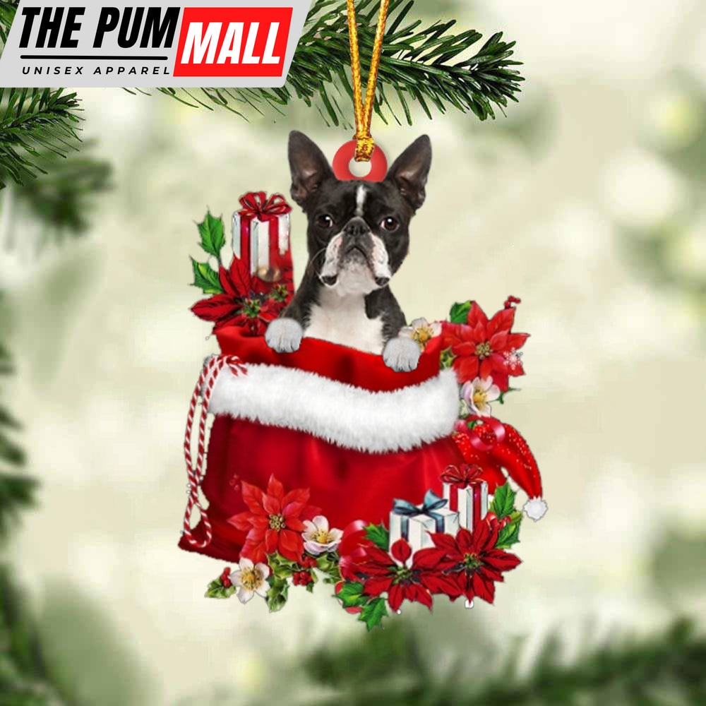 Boston Terrier In Gift Bag Christmas Ornament – Car Ornaments – Gift For Dog Lovers Limited Edition