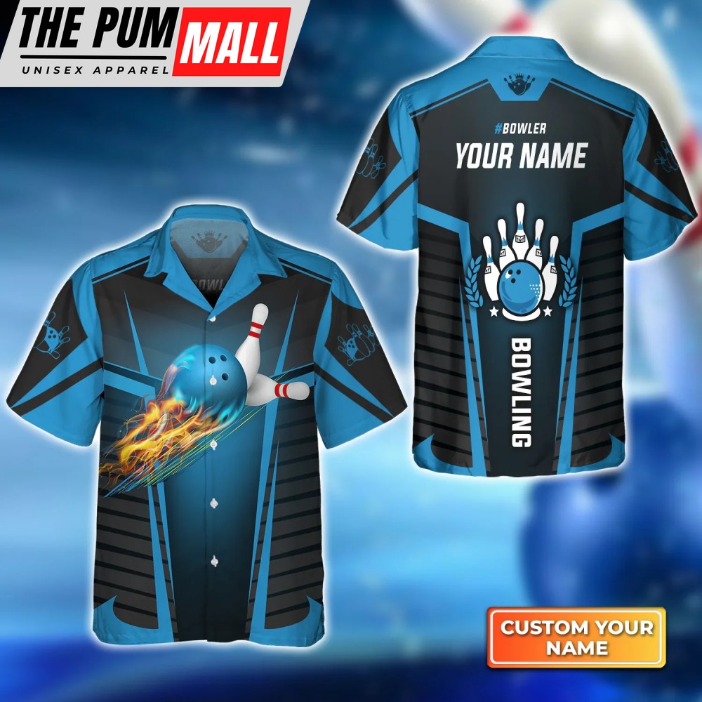 Bowler s Blue Bowling Ball in Flames Hawaiian Shirt – Perfect for Men Women & Bowling Teams
