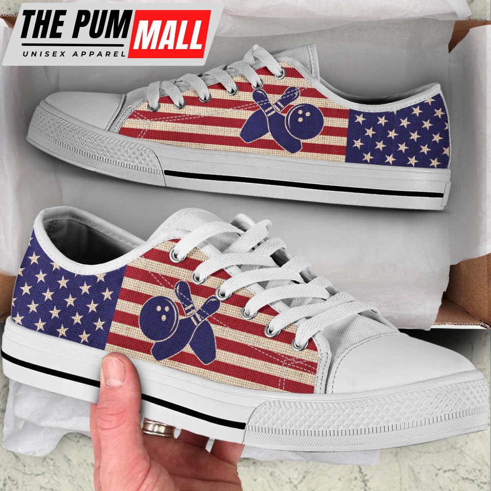 Bowling American USA Flag Low Top Shoes – Trendy Canvas Print Casual Gift