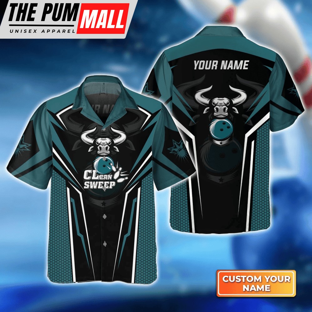 Bowling Bull Clean Sweep Turquoise Black hawaiian shirt, Bowling Hawaiian Shirt For Bowling Gift Team shirt