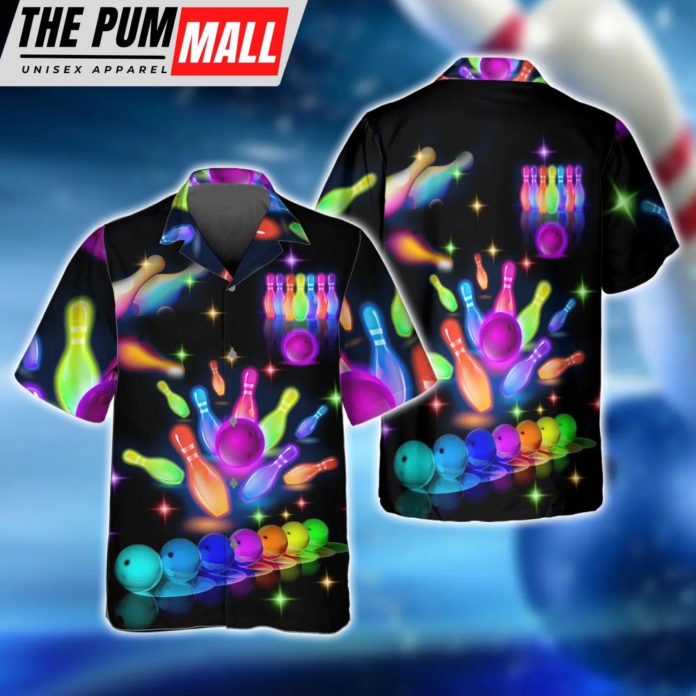 Bowling Party Neon Hawaiian Shirt: Purple Balls White Pins Unisex Bowling Team Attire