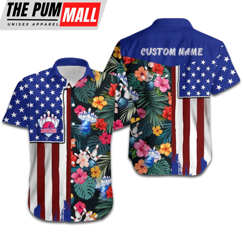 BowlingTropical American Flag Custom Name Hawaiian Shirt Unisex Men HN3369