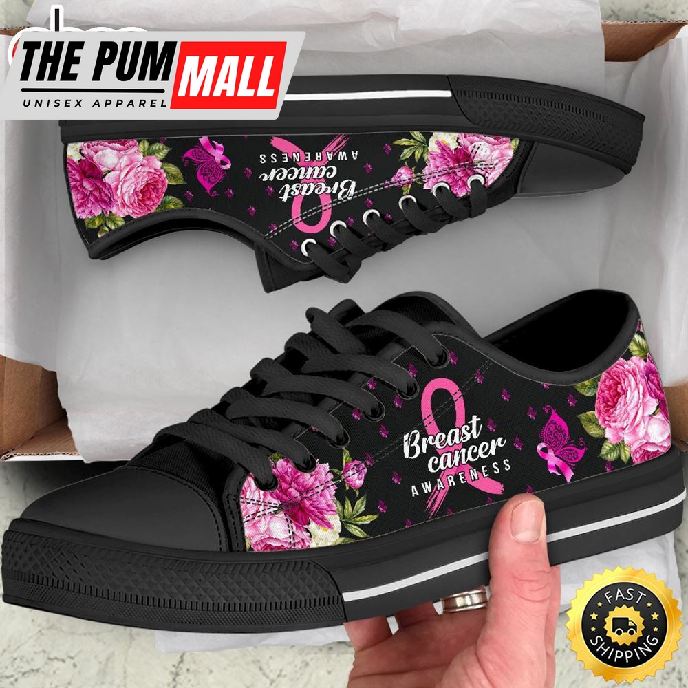 Breast Cancer Low Top Shoes Awareness Flower Canvas Shoes