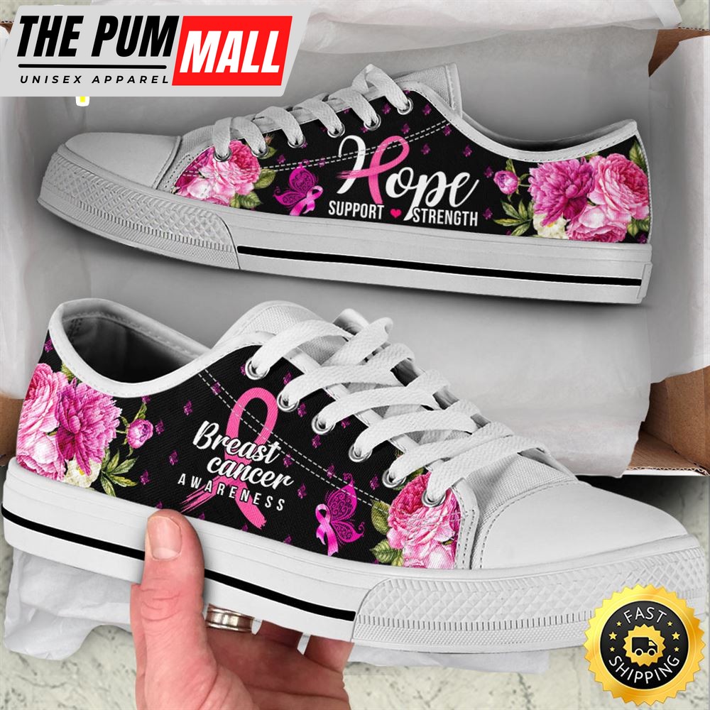 Breast Cancer Low Top Shoes Awareness Hope Flower Canvas Shoes