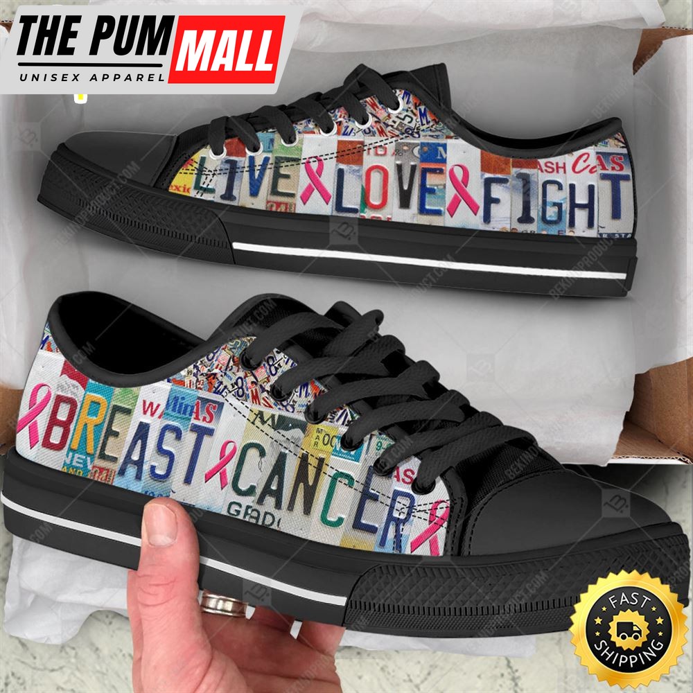Breast Cancer Low Top Shoes Live Love Fight License Plates Canvas Shoes