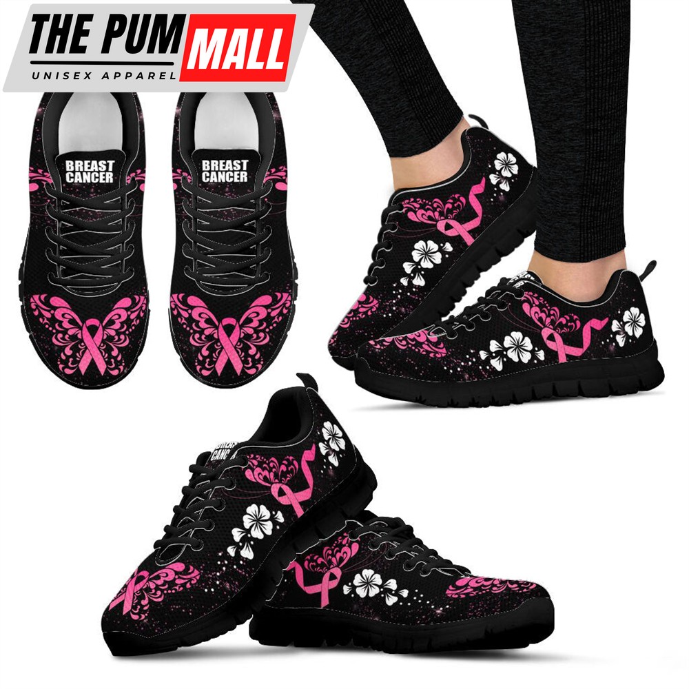 Breast Cancer Shoes Flower Black Sneaker Walking Shoes – Best Gift For Men And Women – Cancer Awareness Shoes