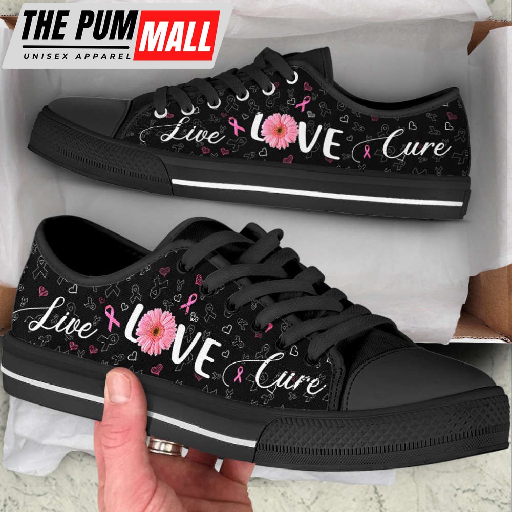 Breast Cancer Shoes Live Love Cure Ribbon Heart Low Top Shoes Canvas Shoes