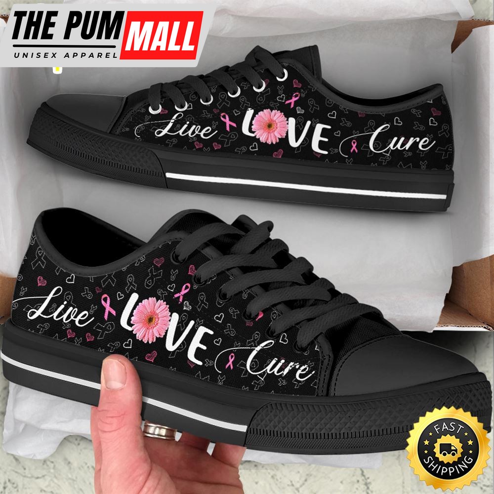 Breast Cancer Shoes Live Love Cure Ribbon Heart Low Top Shoes Canvas Shoes