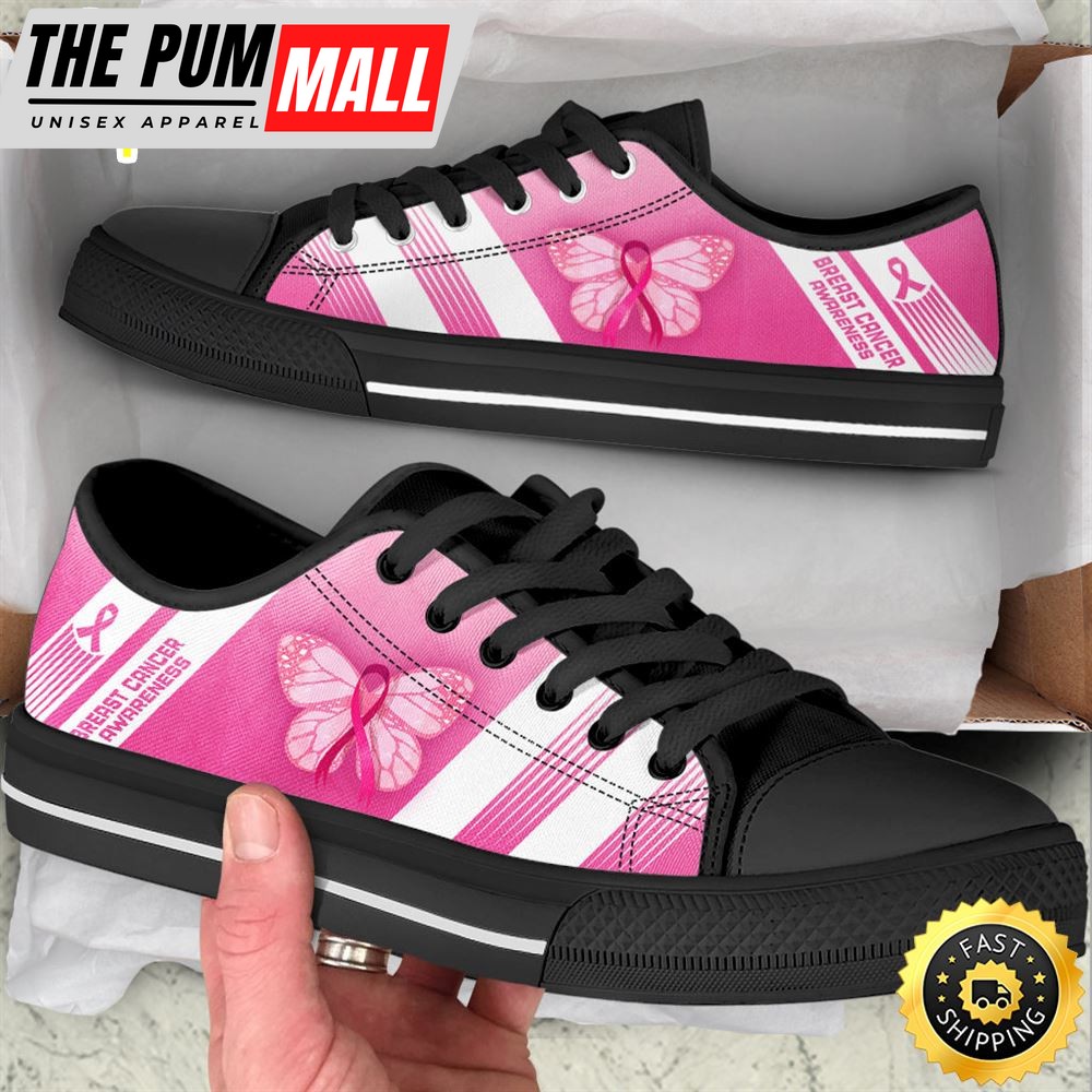 Breast Cancer Shoes Striped 2 Low Top Black Shoes Canvas Shoes