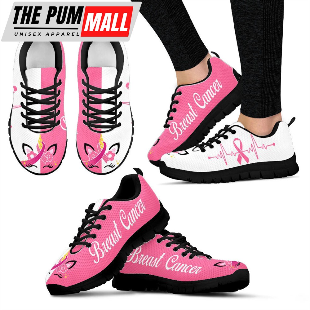 Breast Cancer Shoes Unicorn Heartbeat Sneaker Walking Shoes – Best Shoes For Men And Women – Cancer Awareness Shoes