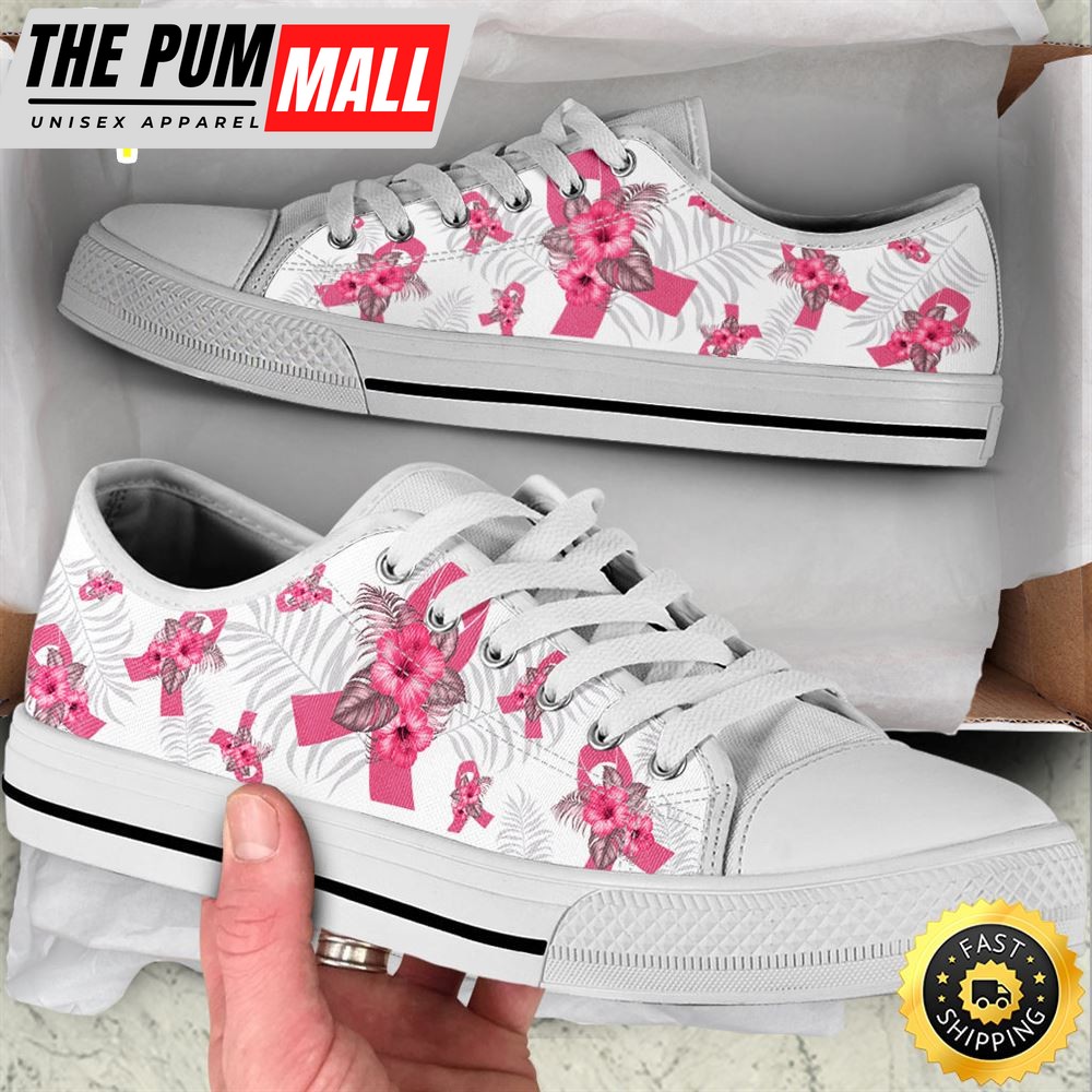 Breast Cancer Shoes With Hibiscus Flower Low Top Shoes Canvas Shoes