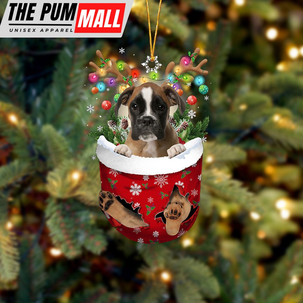 Brown Boxer In Snow Pocket Christmas Ornament – Two Sided Christmas Plastic Hanging Limited Edition