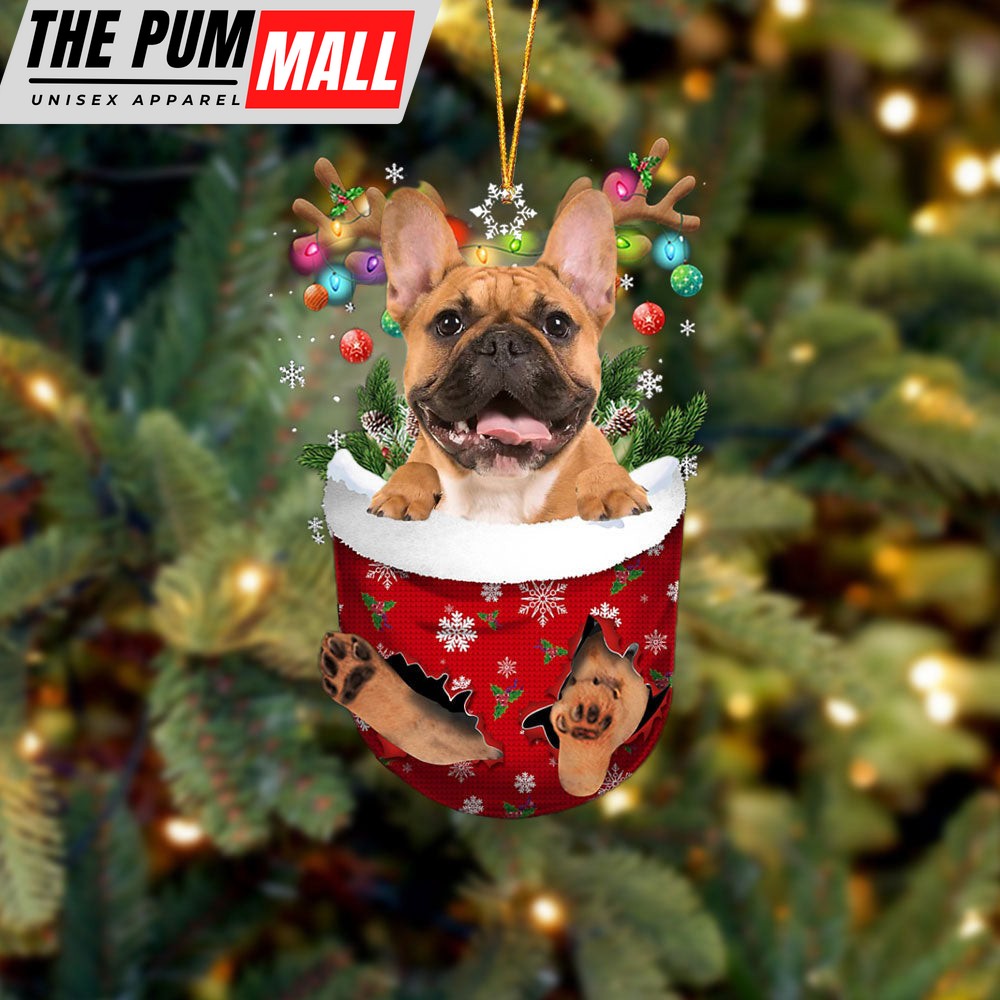 Brown French Bulldog In Snow Pocket Christmas Ornament – Two Sided Christmas Plastic Hanging Limited Edition