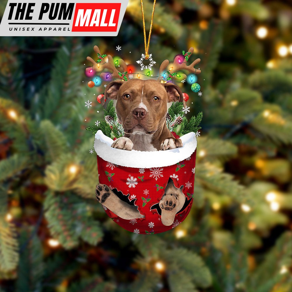 Brown Pitbull In Snow Pocket Christmas Ornament – Two Sided Christmas Plastic Hanging Limited Edition