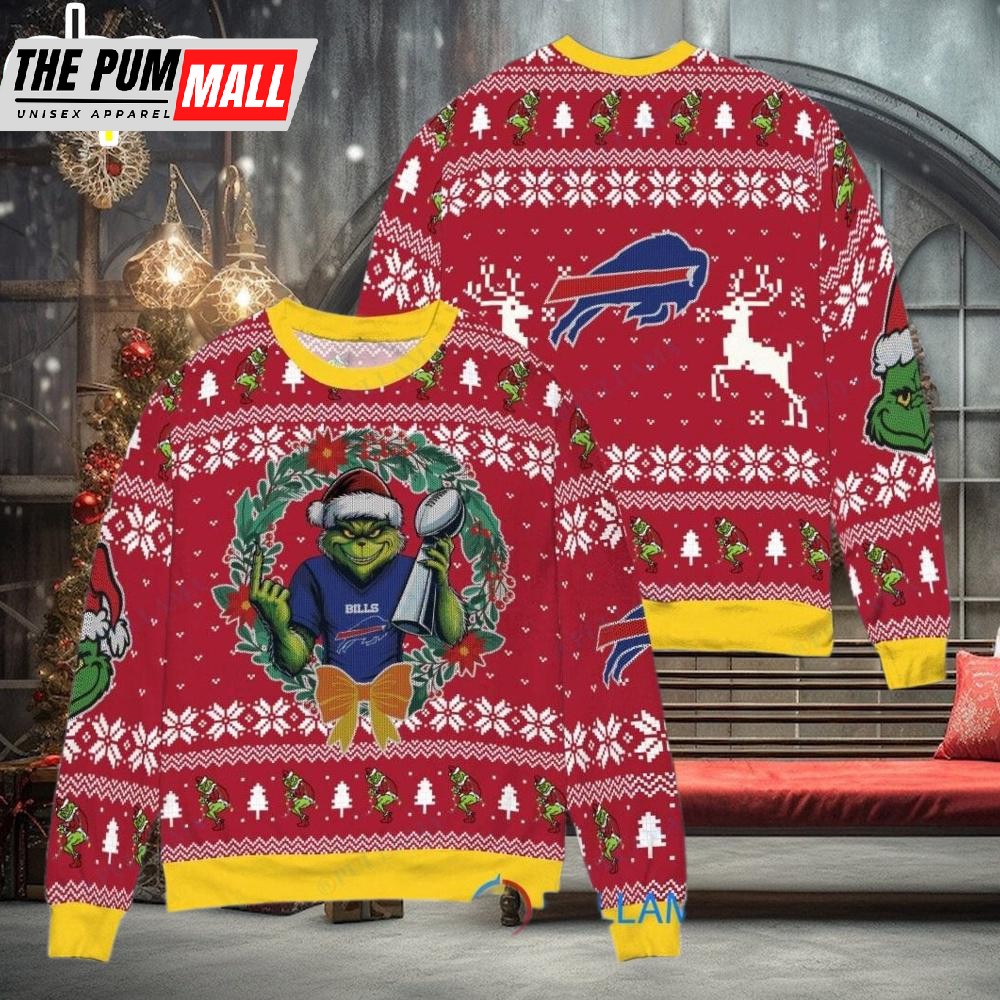 Buffalo Bills x Grinch NFL Grinch Super Bowl Trophy Ugly Christmas Sweater