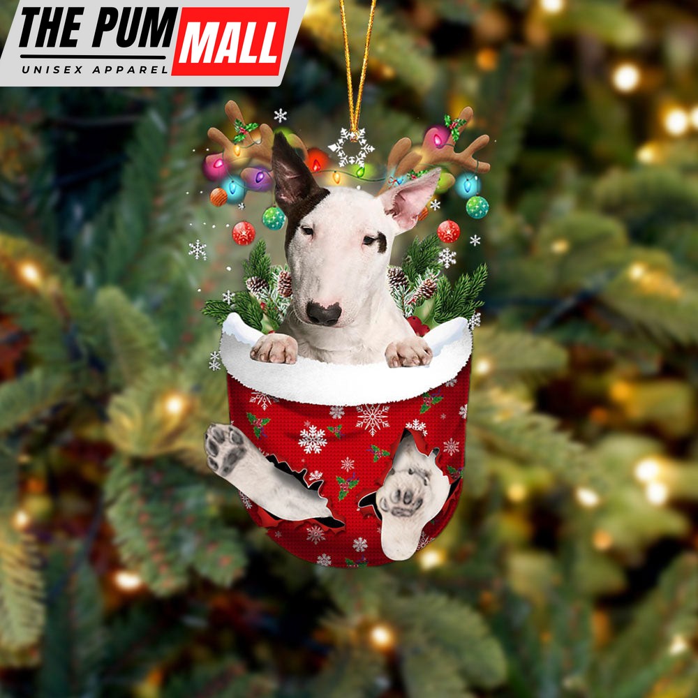 Bull Terrier 1 In Snow Pocket Christmas Ornament – Two Sided Christmas Plastic Hanging Limited Edition