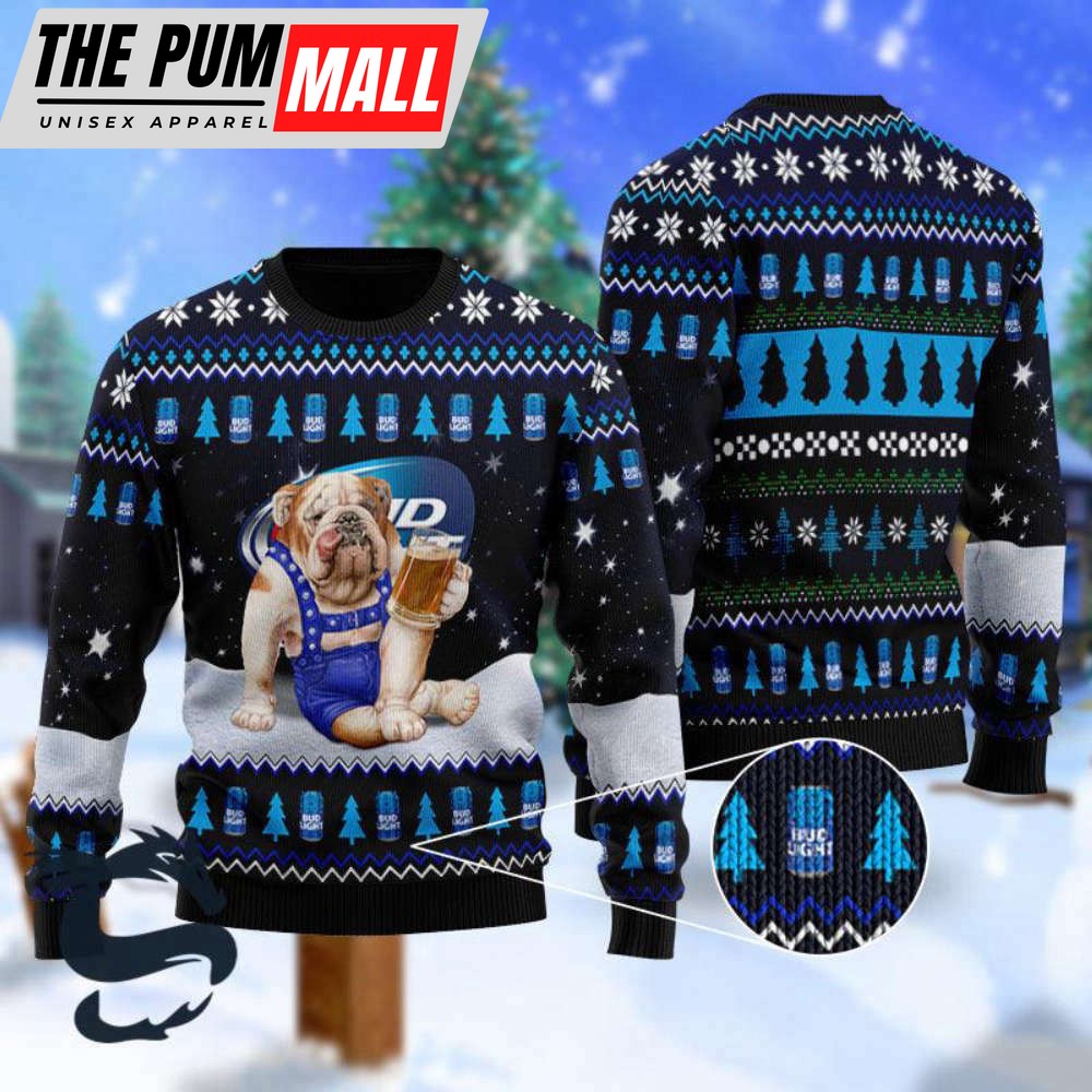 Bulldog Drink Bud Light Beer Christmas Ugly Sweater