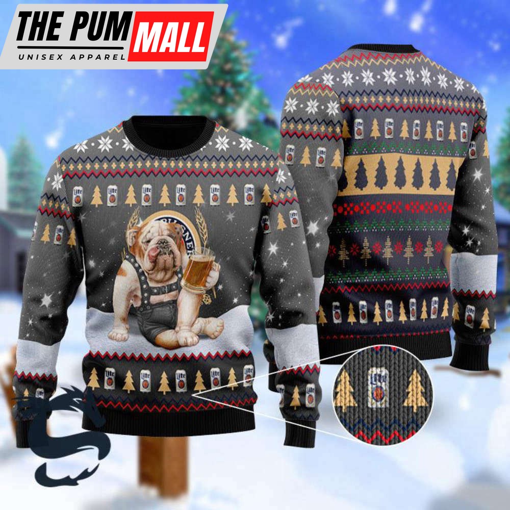 Bulldog Drink Lite Beer Christmas SweaterHoliday Gift Noel Malalan