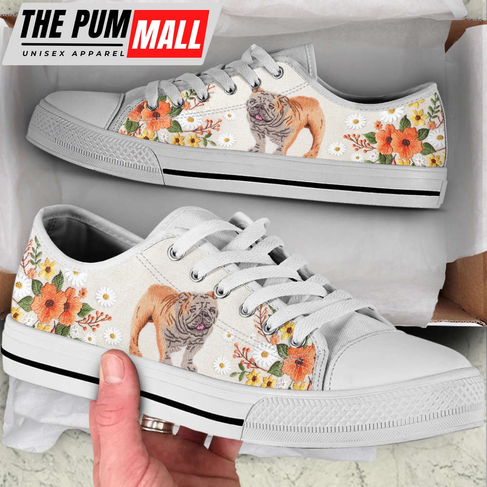 Bulldog Embroidery Floral Low Top Shoes Canvas Sneakers Casual Shoes