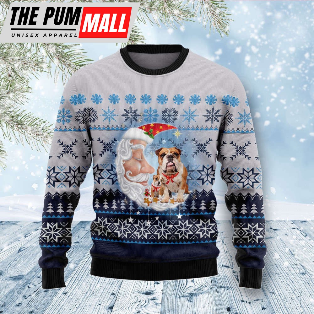 Bulldog Love Santa Moon Ugly Christmas Sweater, Gift For Christmas