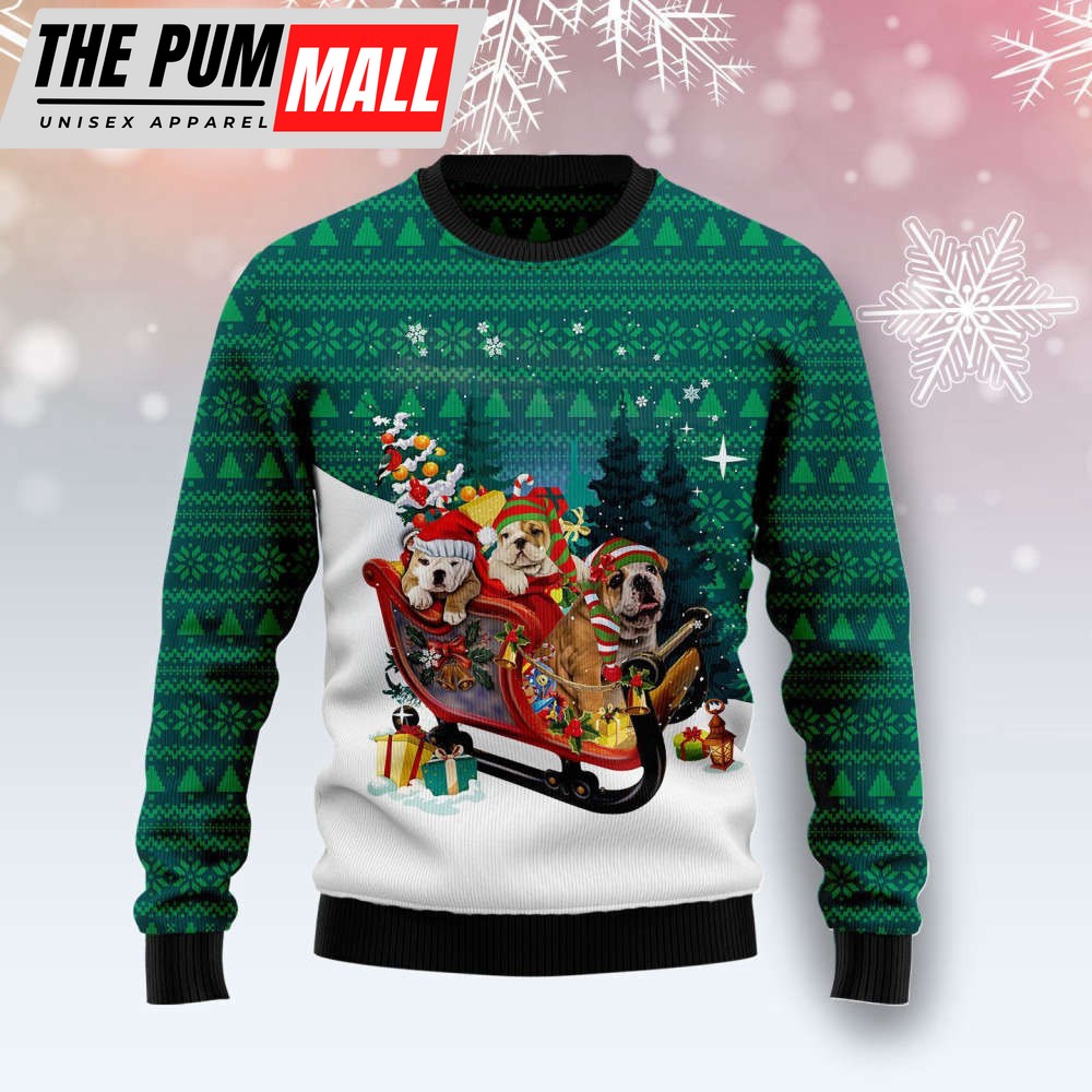 Bulldog Sleigh Ugly Christmas Sweater, Gift For Christmas, Unisex Crewneck Sweater