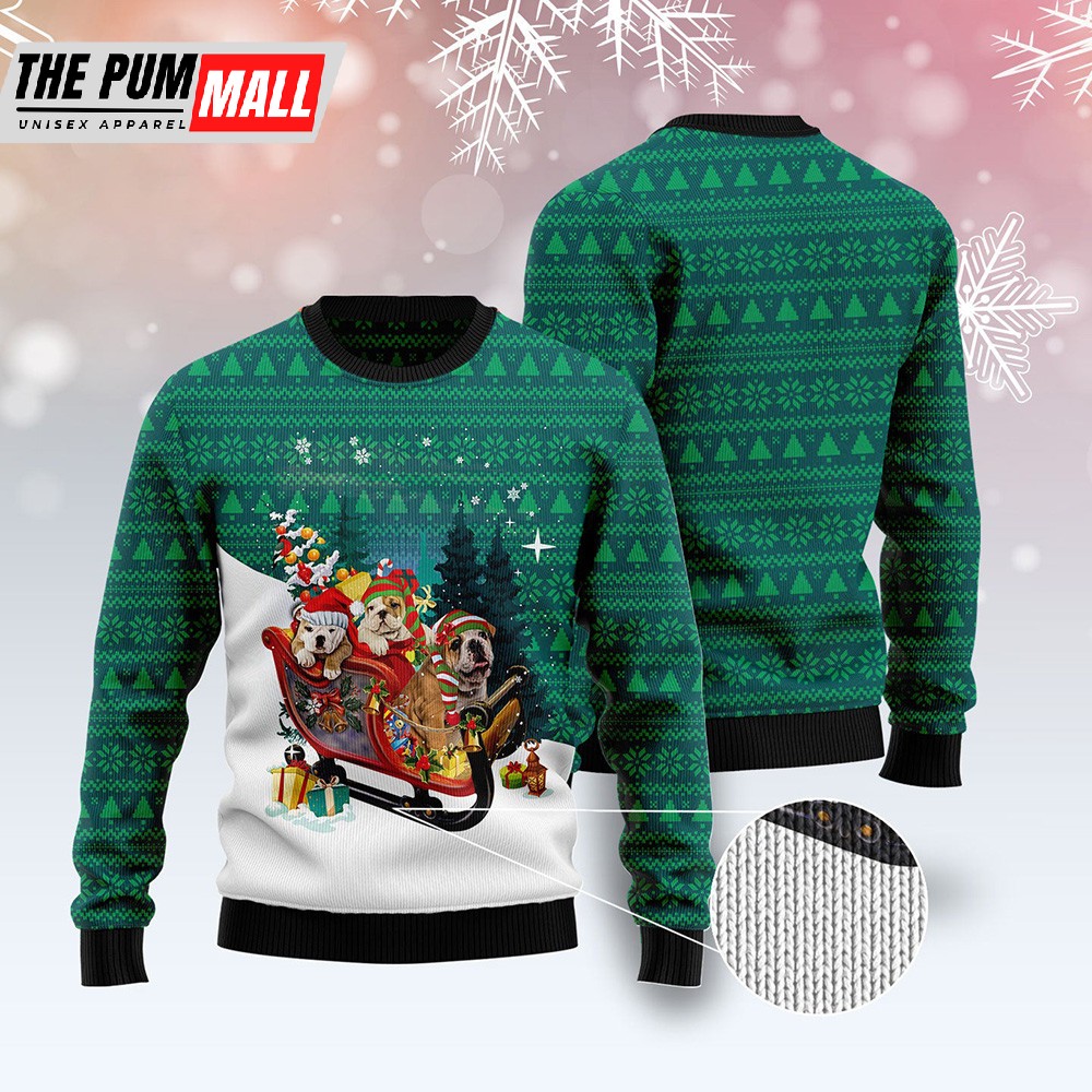 Bulldog Sleigh Ugly Christmas Sweater Lover Xmas Sweater Gift