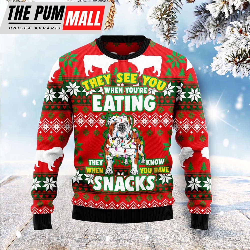 Bulldog Snacks Christmas Light Ugly Sweater: Unisex Knit Wool Dog Lover s Holiday Sweater
