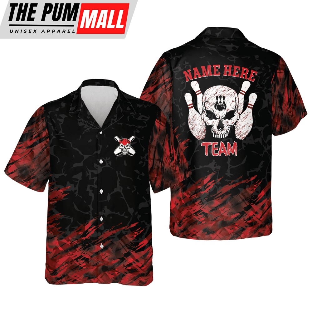 Button-Down Skull bowling Flame Hawaiian Shirt Bowling Team Shirt Bowling Gift