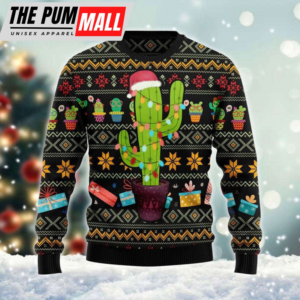 Cactus Wearing Santa Claus Hat Ugly Sweater Gift For Christmas