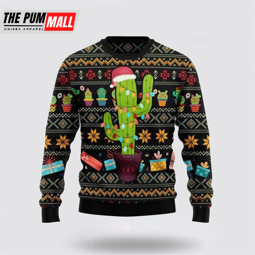 Cactus Wearing Santa Claus Hat Ugly Sweater