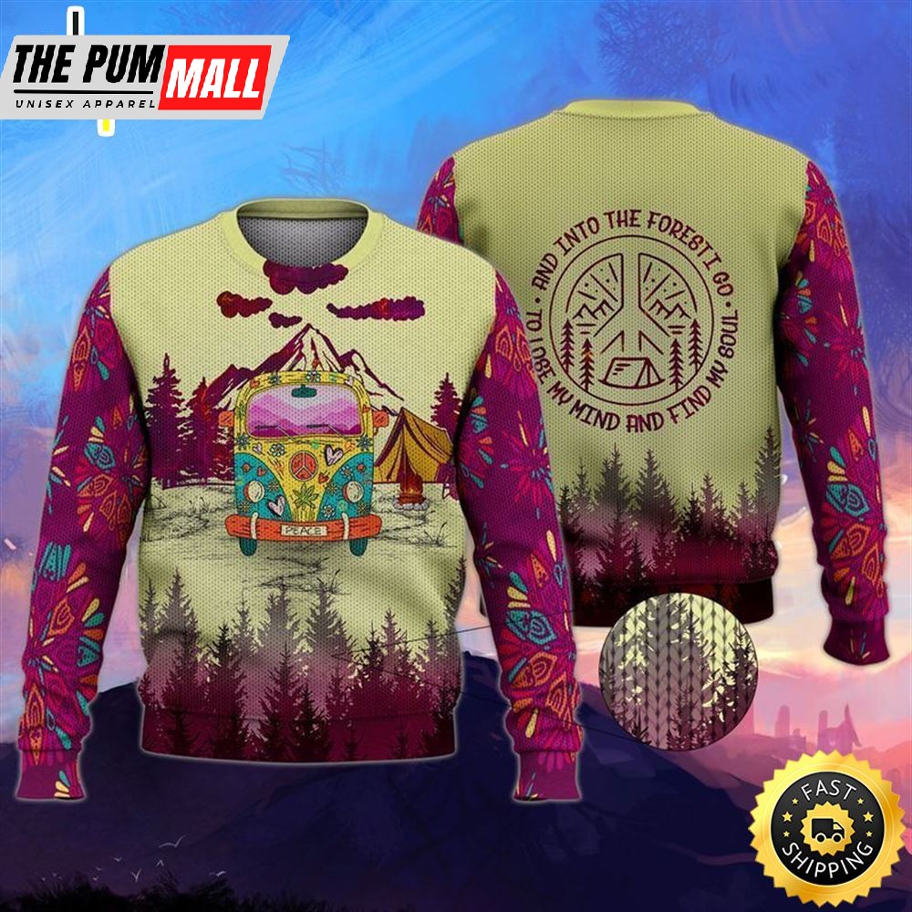 Campervan Into Forest Hippie Camping Ugly Christmas Sweater
