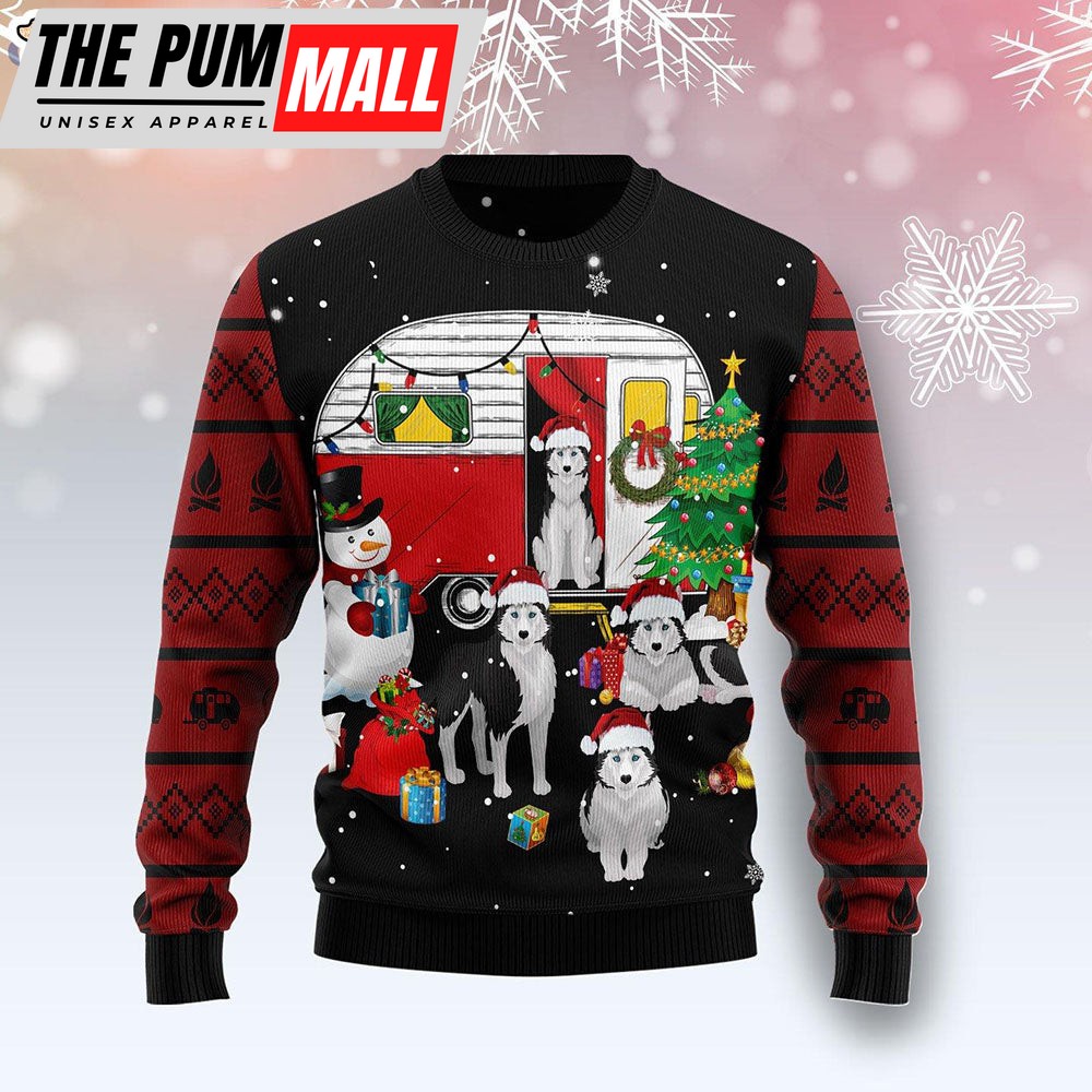 Camping Car And Siberian Husky Dog Lover Ugly Christmas Sweater – Dog Memorial Gift