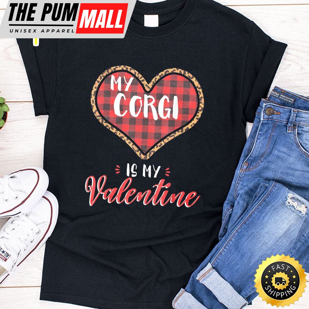 Cardigan Welsh Corgi Is Valentine Dog Leopard Buffalo Plaid T-Shirt