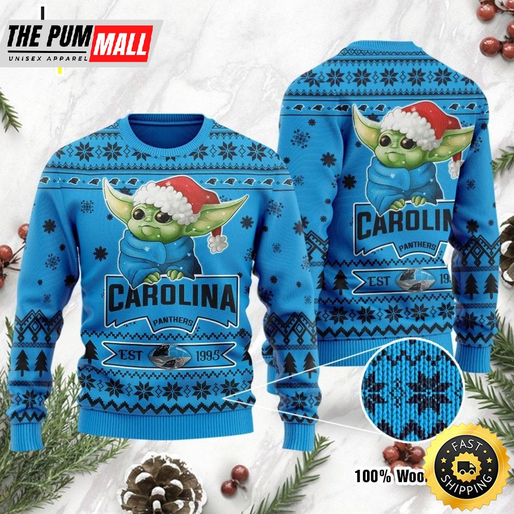 Carolina Panthers Cute Baby Yoda Grogu Holiday Party Ugly Christmas Sweater