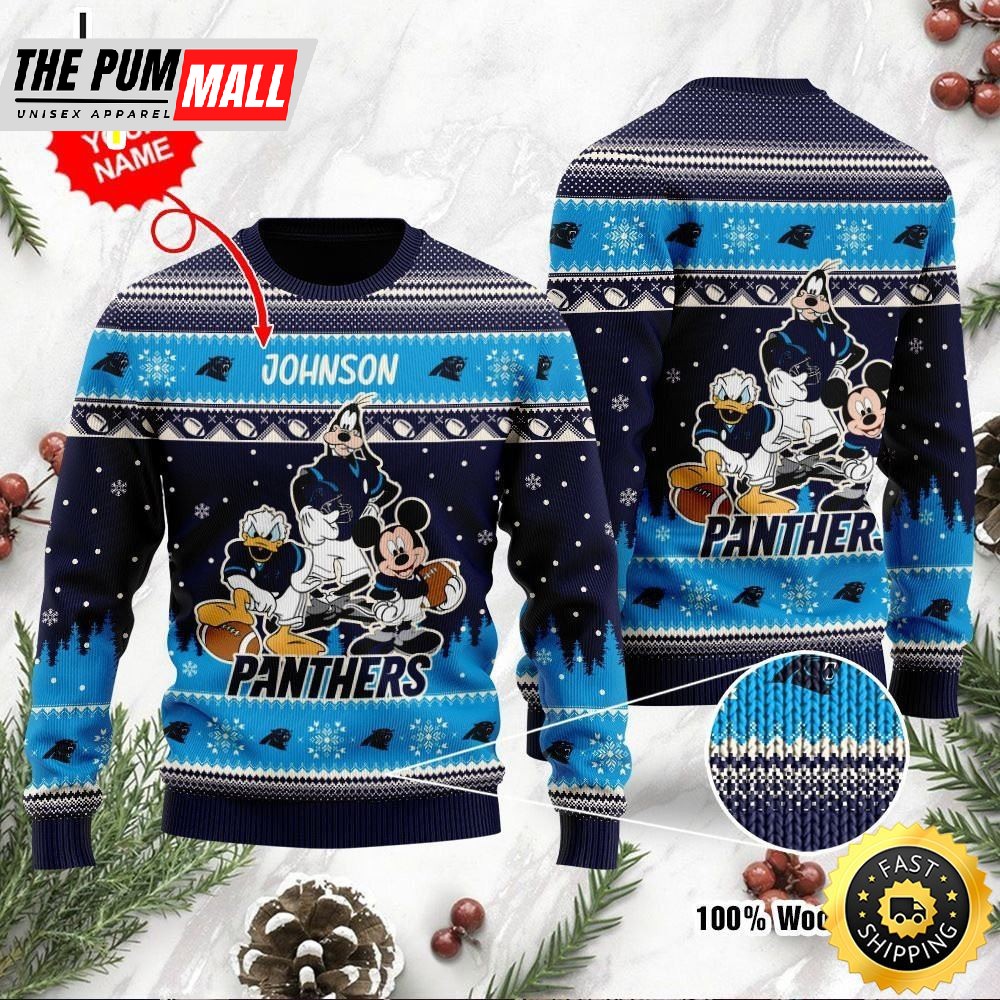Carolina Panthers Disney Donald Duck Mickey Mouse Goofy Personalized Ugly Christmas Sweater Perfect Holiday Gift