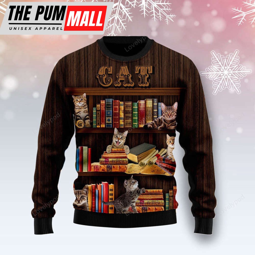Cat Bookcase Ugly Christmas Sweater For Men & Women Adult