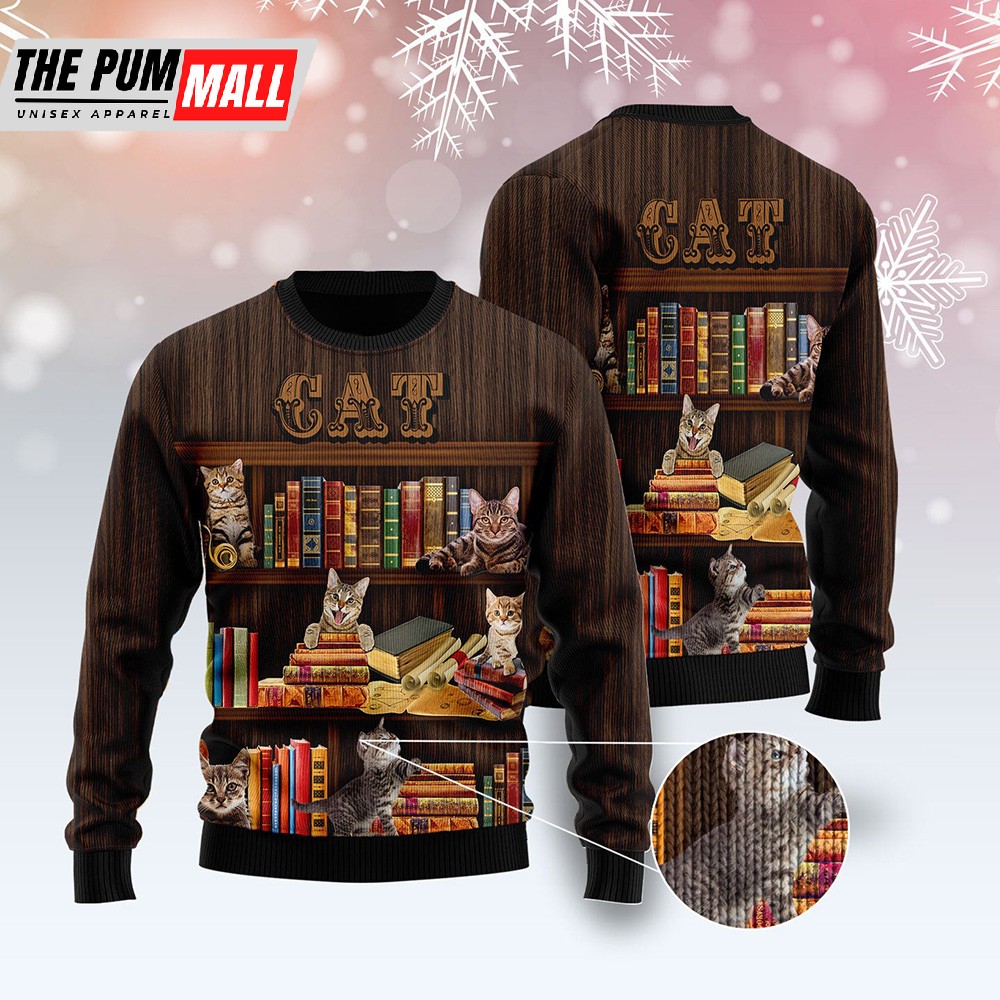 Cat Bookcase Ugly Christmas Sweater Gift For Christmas