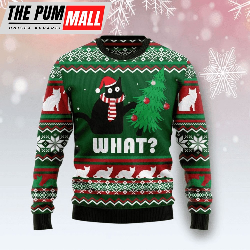 Cat Christmas Sweater Christmas Hat Black Cat What Green Ugly Sweater Cat Ugly Sweater