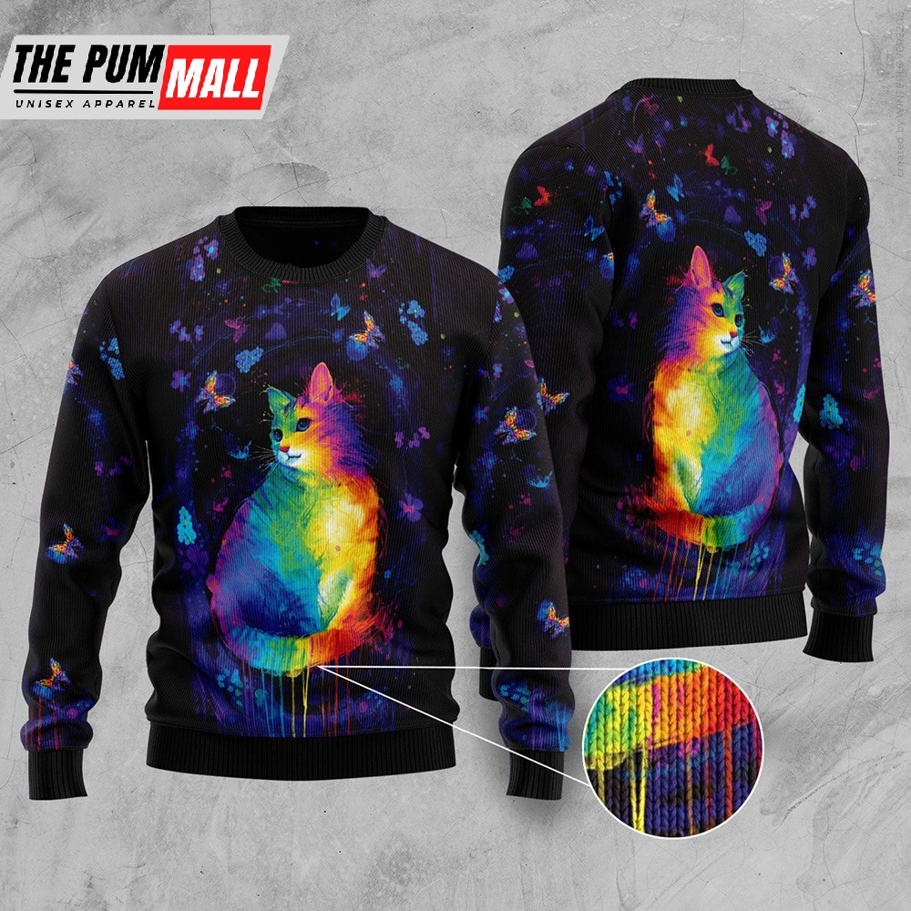 Cat Colorful Ugly Christmas Sweater Xmas Jumper Holiday Pullover